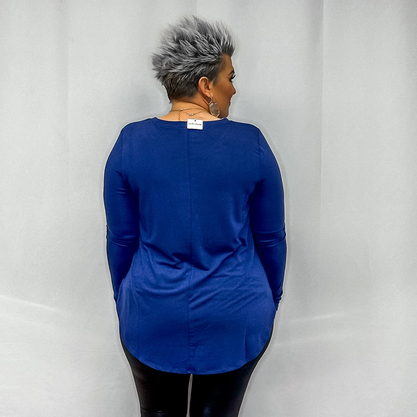 Long Sleeve Round Neck Round hem Top - Light Navy