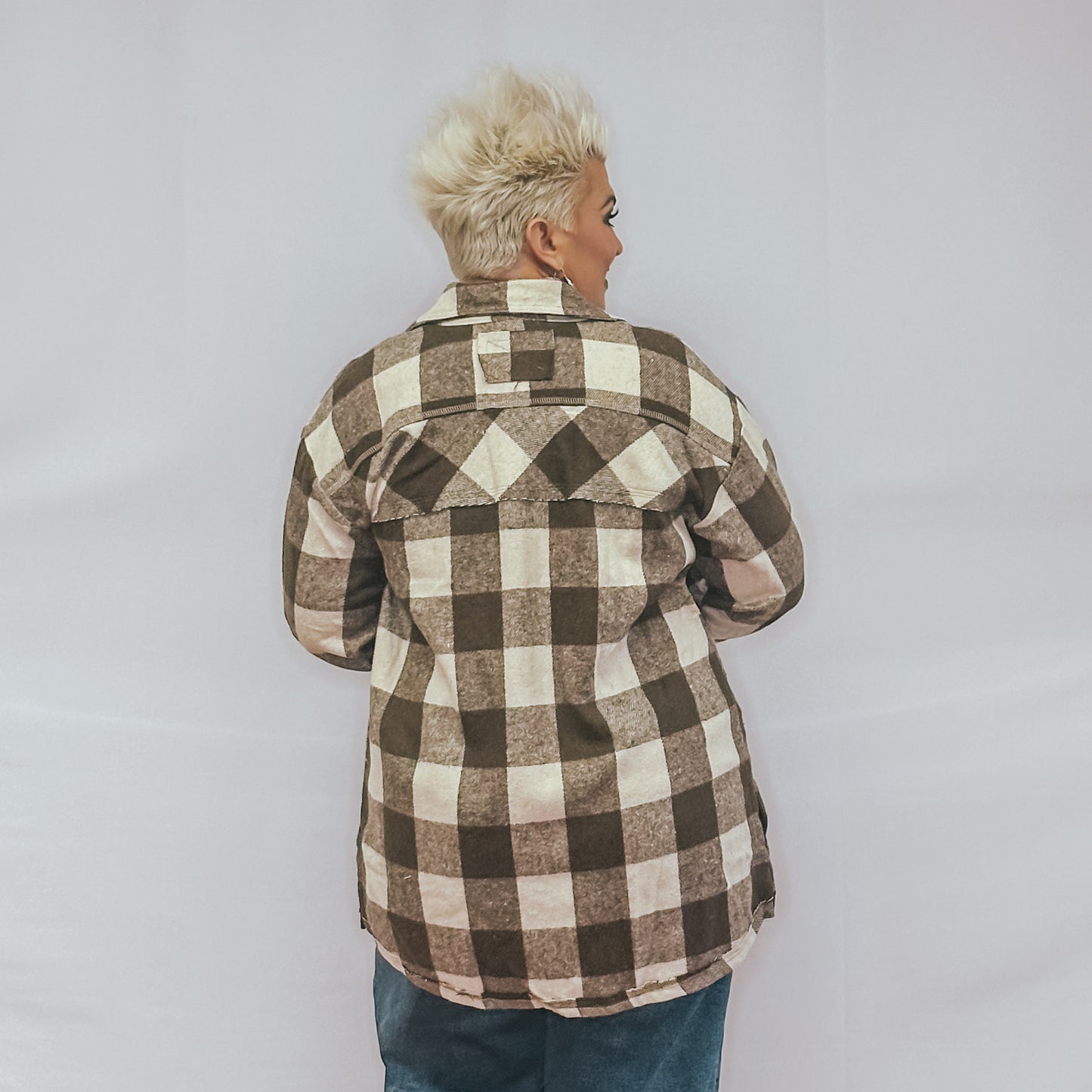 Checker Print Button Down Shacket - Coco Brown