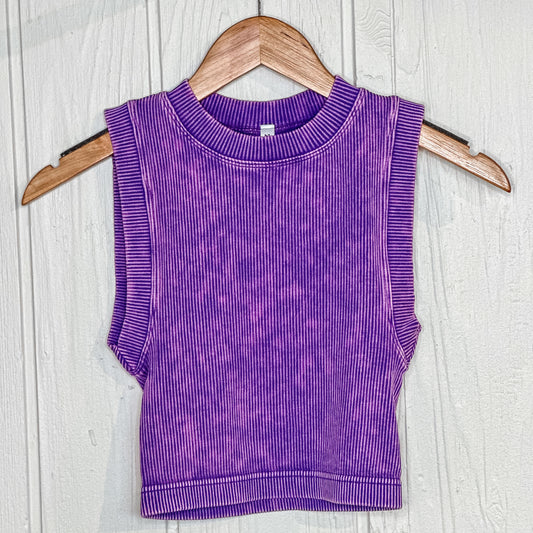 Stone Washed Ribbed Seamless Crop Top - Purple