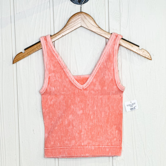 2 Way Neckline Washed Ribbed Cropped Tank Top - Coral