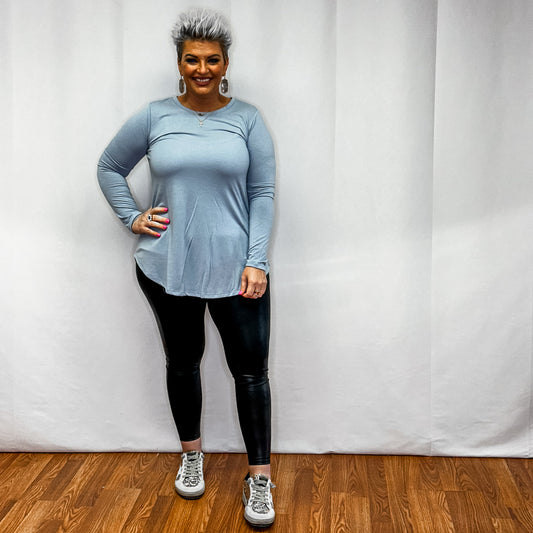 Long Sleeve Round Neck Round hem Top - Ash Blue