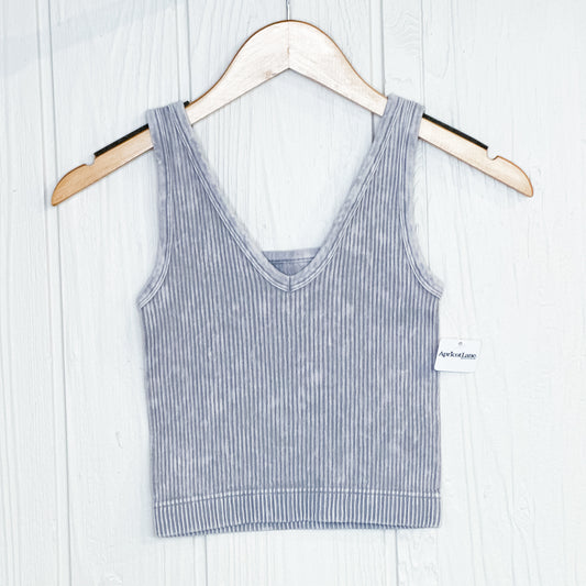 2 Way Neckline Washed Ribbed Cropped Tank Top - Sleet