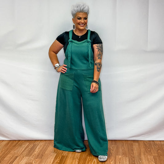 Adjustable Straps Jumpsuit with Pockets - Hunter Green