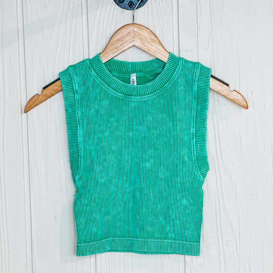 Stone Washed Ribbed Seamless Crop Top - Kelly Green