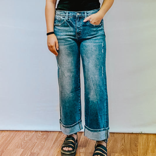 High Rise Cropped Wide Leg Jean - Dark