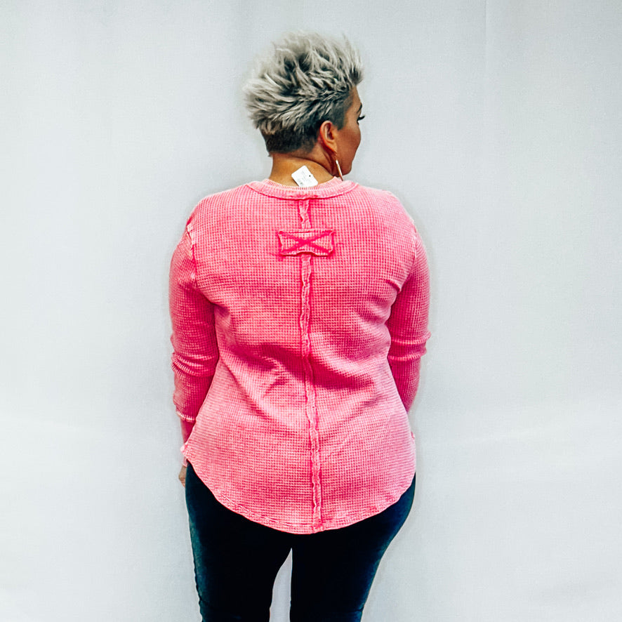 Washed Baby Waffle Long Sleeve Top - Fuchsia